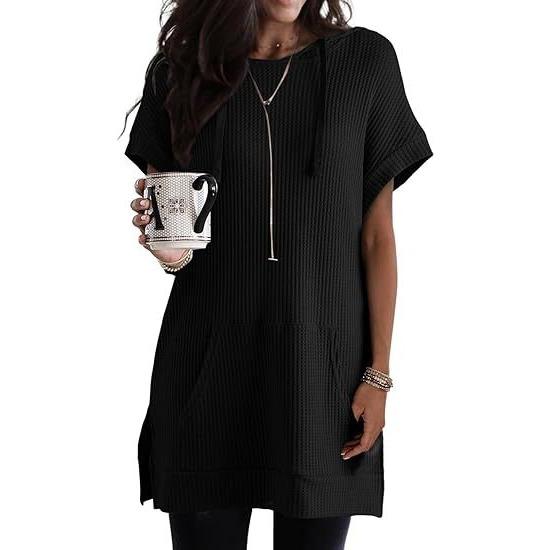 GMXIA Summer Drawstring Hoodie Waffle Knit Side Slit Belt Pocket T