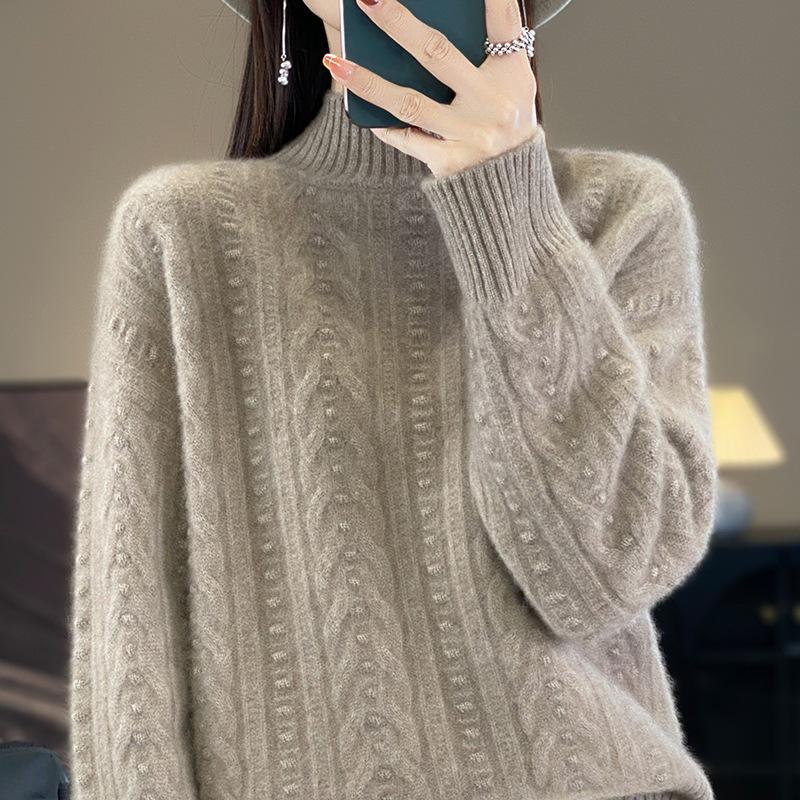 2026 Autumn/Winter Women's Cozy High Neck Knit Sweater - Solid Color, Loose, Warm Pullover