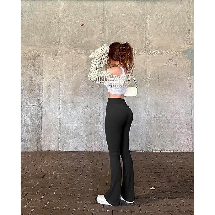 

Европейские и американские спортивные и спортивные штаны для йоги, ребристые брюки для упражнений с высокой талией, расклешенные брюки, леггинсы, длинные брюки для женщин L чёрный