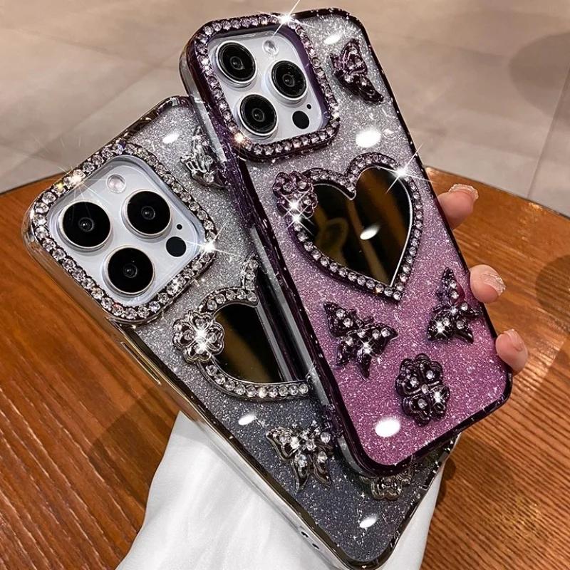 Heart Make Up Mirror Case For iPhone 16 Pro Max 15 Plus Plating Butterfly Cover For iPhone 14 Pro 13 12 11 Glitter Diamond Case