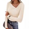Women's Beige Deep V Neck Long Sleeve One Shoulder Draped Detail Top