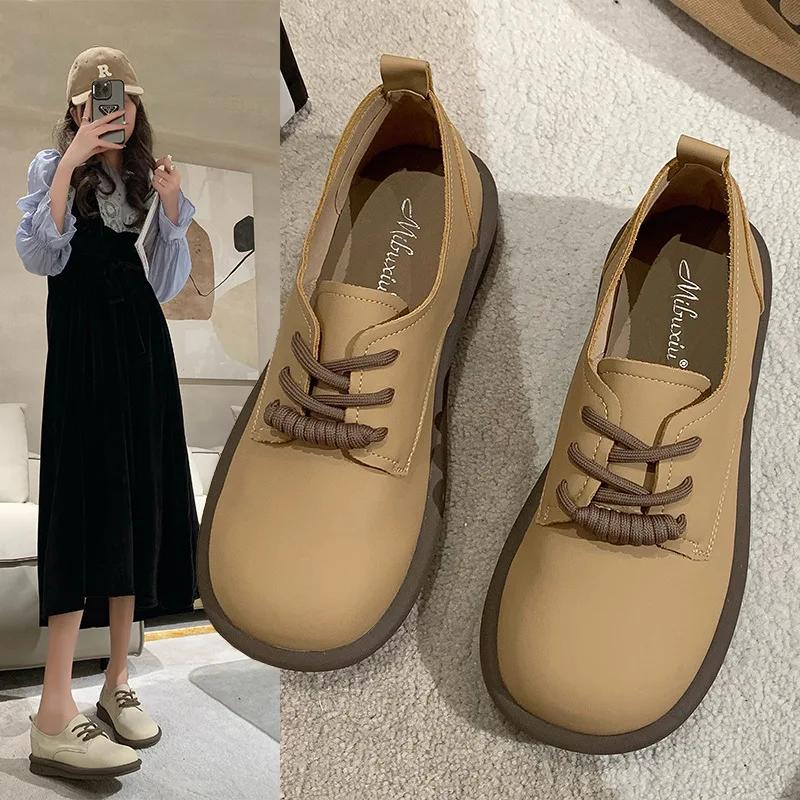 

Французские туфли на плоской подошве, женские повседневные туфли в стиле ретро с круглым носком, мягкие оксфорды без шнуровки, женская кожаная обувь, универсальная весенне-осенняя обувь