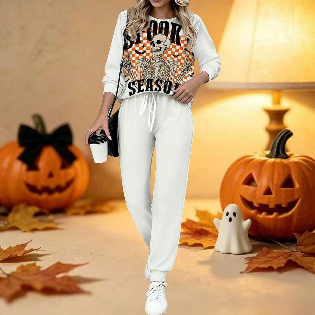 Damen Halloween Print Zweiteiliges Outfit, Langarm Rundhals Oberteil & Jogginghose mit Kordelzug Lässiger Trainingsanzug für Frühling Herbst