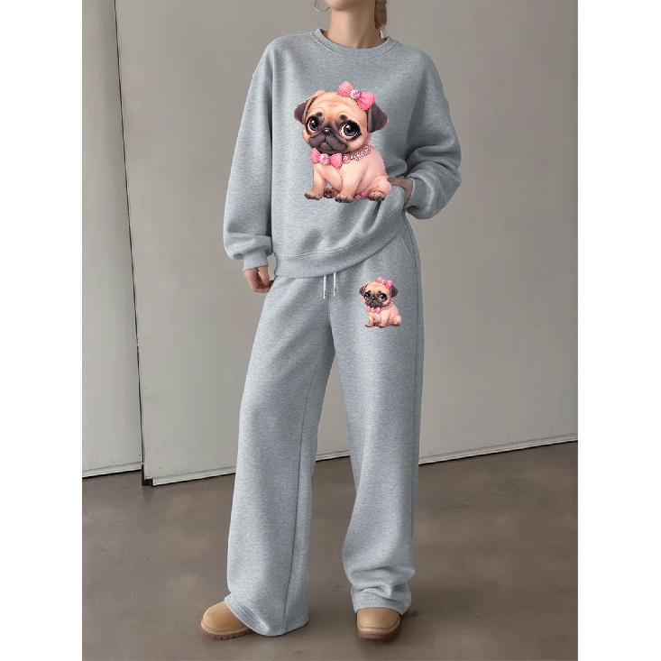 Women's Cartoon Dog Print Lounge Set: Crewneck Sweatshirt & Drawstring Straight Pants, Loose & Comfy 2-Piece Outfit
