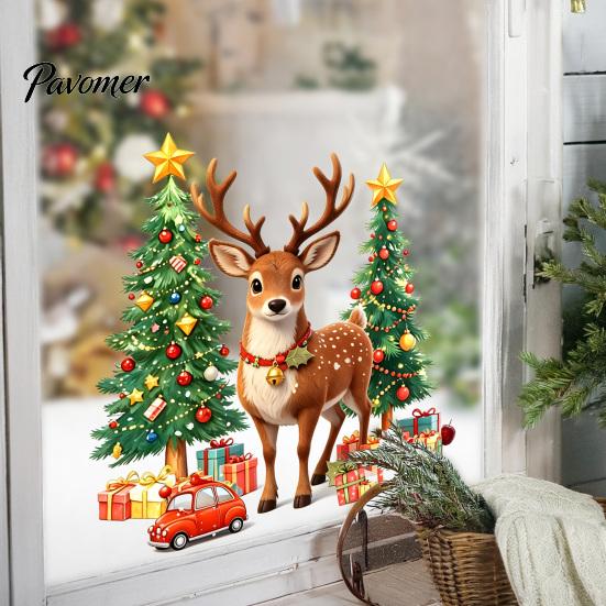 PVC Window Sticker 1/2 Sheets Christmas Reindeer Cling, Elk Tree Car Gift Box Glass Stickers Static Sticker, Waterproof Decal, Xmas Party Supplies