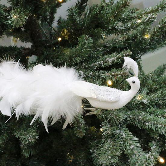 16in White Peacock Tree Topper Artificial Long Tail Glitter Peacock Clip Ornaments Faux Simulation Feathered Peacock for Christmas Tree Decor
