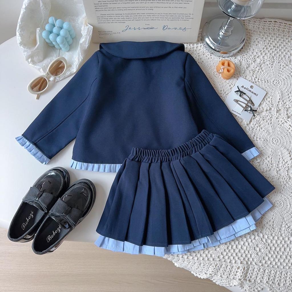 Girls' Rabbit Police Officer Outfit: Stylish Spring/Autumn Coat & Pleated Skirt Set for Baby Girls - Two-Piece (AQB063)