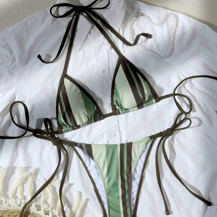 

Полосатый принт Завязка Треугольный Сексуальный Раздельный Купальник Бикини для Женщин L зелёный
