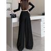 Grey High Waist Wide Leg Pants Women Autumn Split Design Slim Tied Waist Floor Length