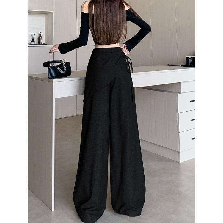 Grey High Waist Wide Leg Pants Women Autumn Split Design Slim Tied Waist Floor Length