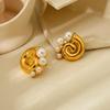 2024 Beach Style 18k Gold Plated Stainless Steel Conch Shell Pearl Stud Earrings - Waterproof
