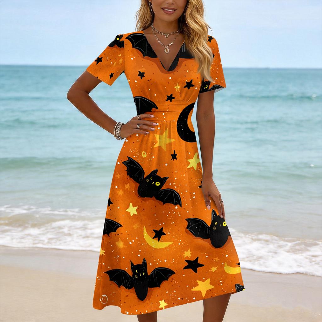 Women's Casual V Neck Short Sleeve Dress Halloween Ghost Print Knee Length Dress Lightweight Comfortable Fit for Everyday Wear
