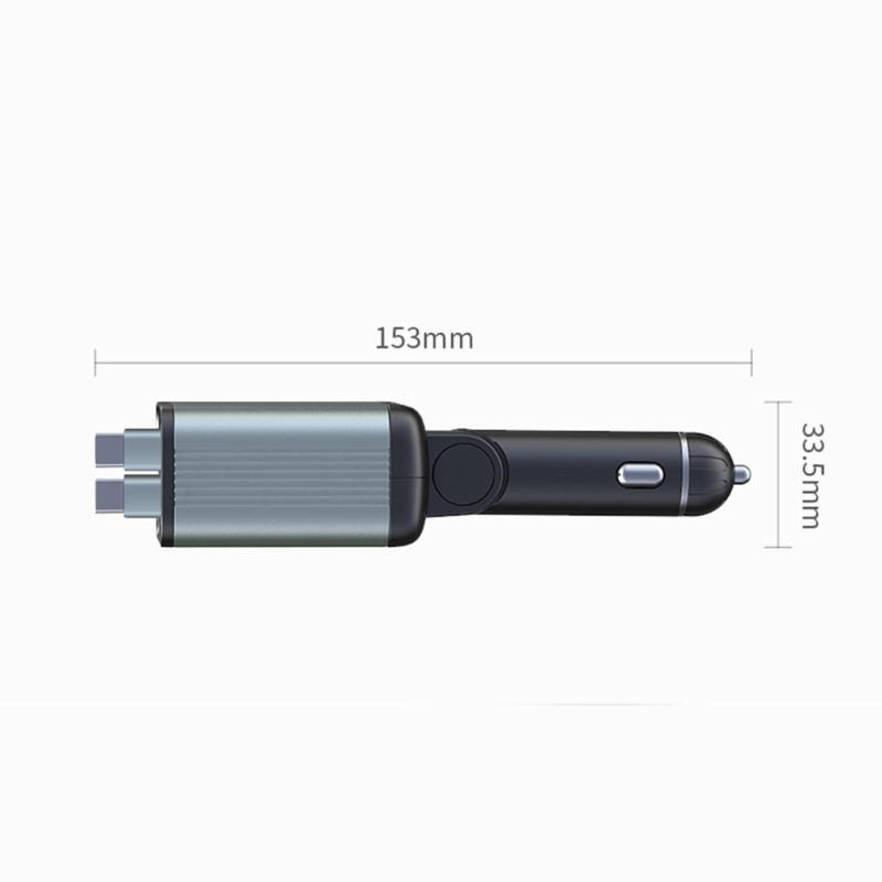 65W Car Phone Charger with Double Type C & USB Port Retractable Cables & LED Electric Display Aluminum PC ABS for Vehicle