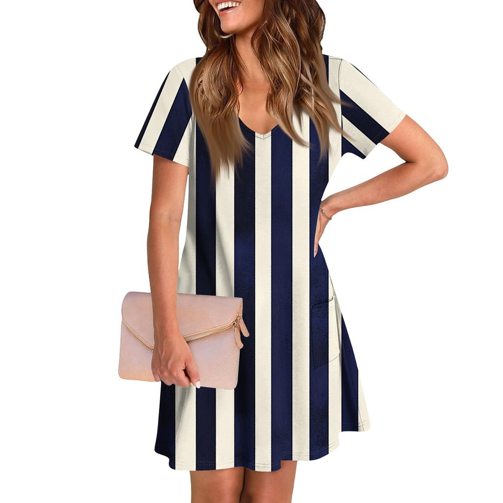 Women's Summer V-neck Casual Beach Dress Short Sleeve Plaid Print Dress