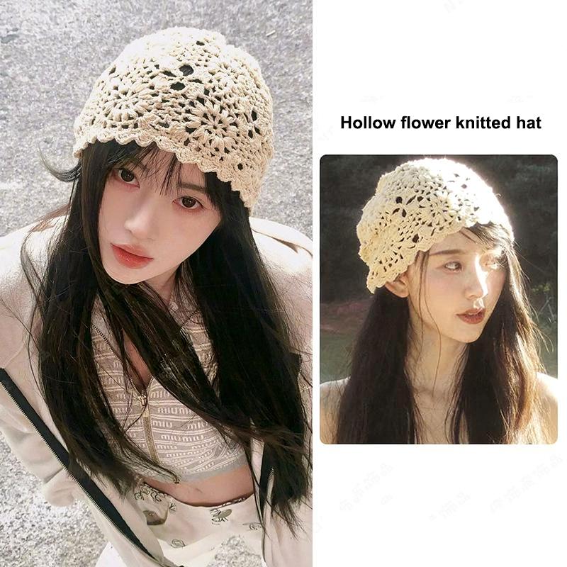 Atmungsaktive Ausgehöhlte Strickmütze Blumen Lässige Baskenmütze Sommer Blumen Atmungsaktive Baumwolle Skullies Sonnenschirm Frauen
