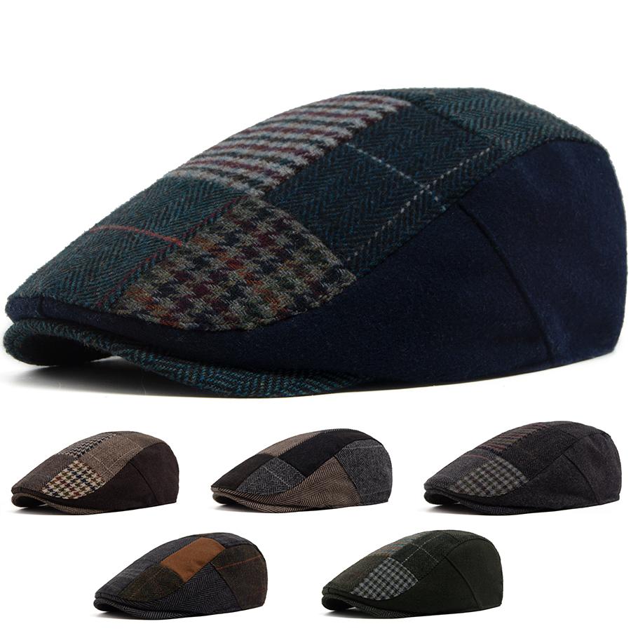 Men Women Patchwork Plaid Beret Vintage Wool Blend Flat Cap Autumn Winter Newsboy Hat Fashion Casual Female Ivy Caps For 54-58cm