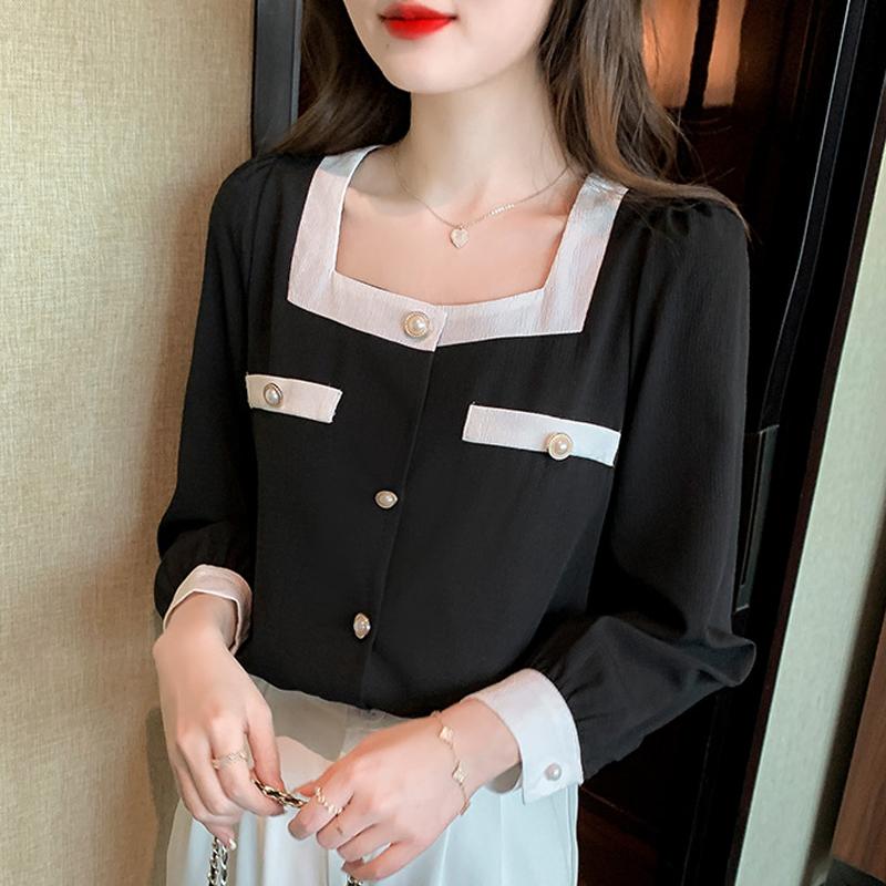 

Женские блузки, рубашки, весна 2025, женская блузка с длинным рукавом, квадратный воротник, черная, белая шифоновая блузка, рубашка, женские топы J587 2XL чёрный