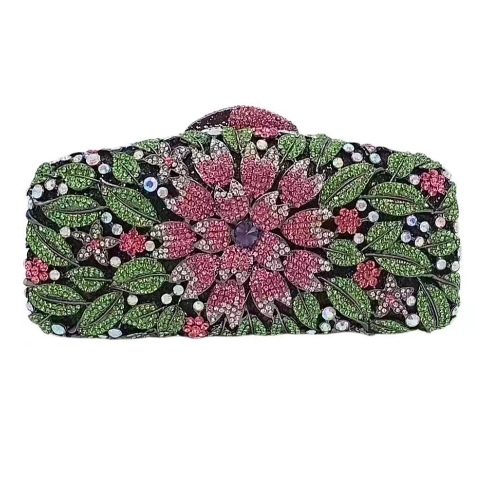 Green/Pink Flower Crystal Evening Bag Clutches Floral Wedding Party Bags Rhinestone Chain Clutch Handbags  Banquet Dinner Purses