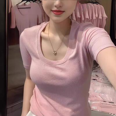 Basic U-neck Front Shoulder Short-sleeved T-shirt for Women's Xia Chunyi Large Size Slightly Fat, Slim and Thin, Covering Meat and Versatile