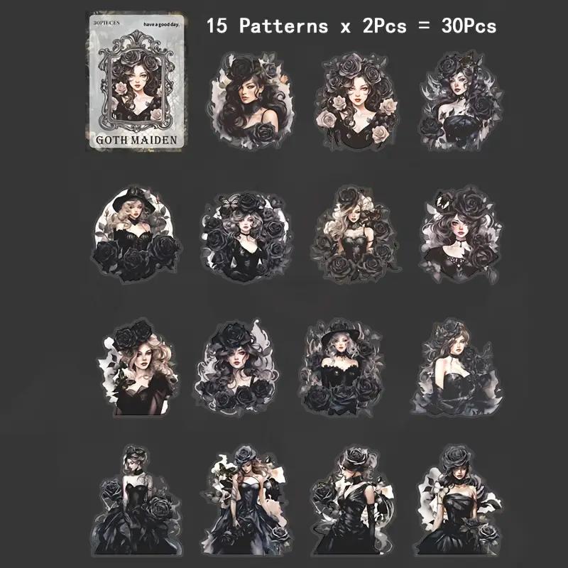 30-Piece Vintage Gothic Girl Sticker Set - Retro DIY Collages, Scrapbooks, Planners & Journals -Diverse Character Artistic Decor