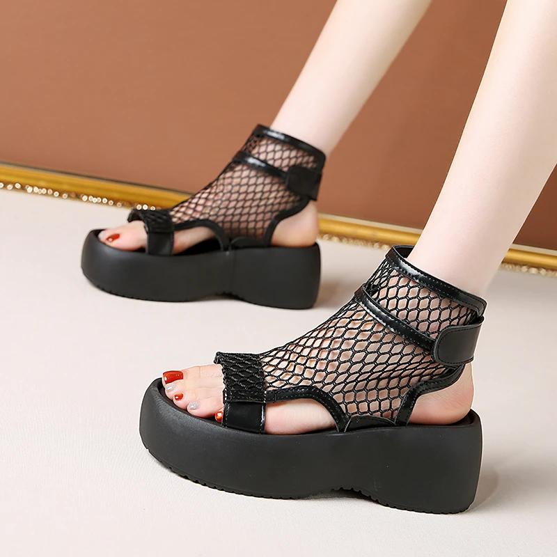 Fashion European Station Woven Cutout Fishnet Shoes Platform Trifle Roman High Top Sandals Small Cold Boots Girl