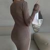 Women Elegant Solid Slim Long Sleeve Ribbed Knitted Dresses Autumn Winter Casual Basic V-neck Warm Sweater Dress