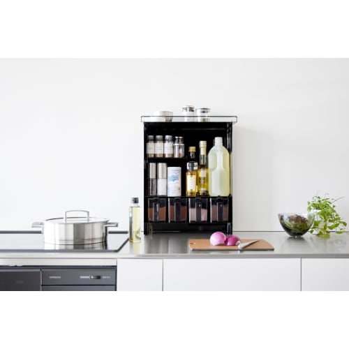 Yamazaki Tower (Complete Product) Front-Opening Condiment Rack, Black, Approx. W38 x D16.3 x H49.2cm, Large Capacity, Stovetop Kitchen Rack, Dirt Prot