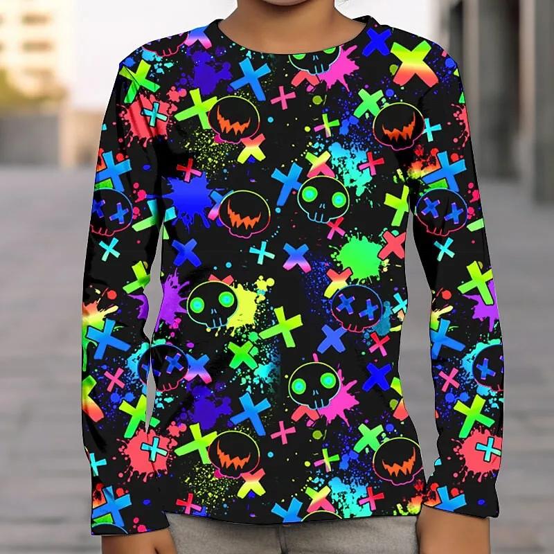 Spring and Autumn Round Neck 3D Halloween Printed Top Fashionable Casual Long Sleeved Children's Boy T-shirts
