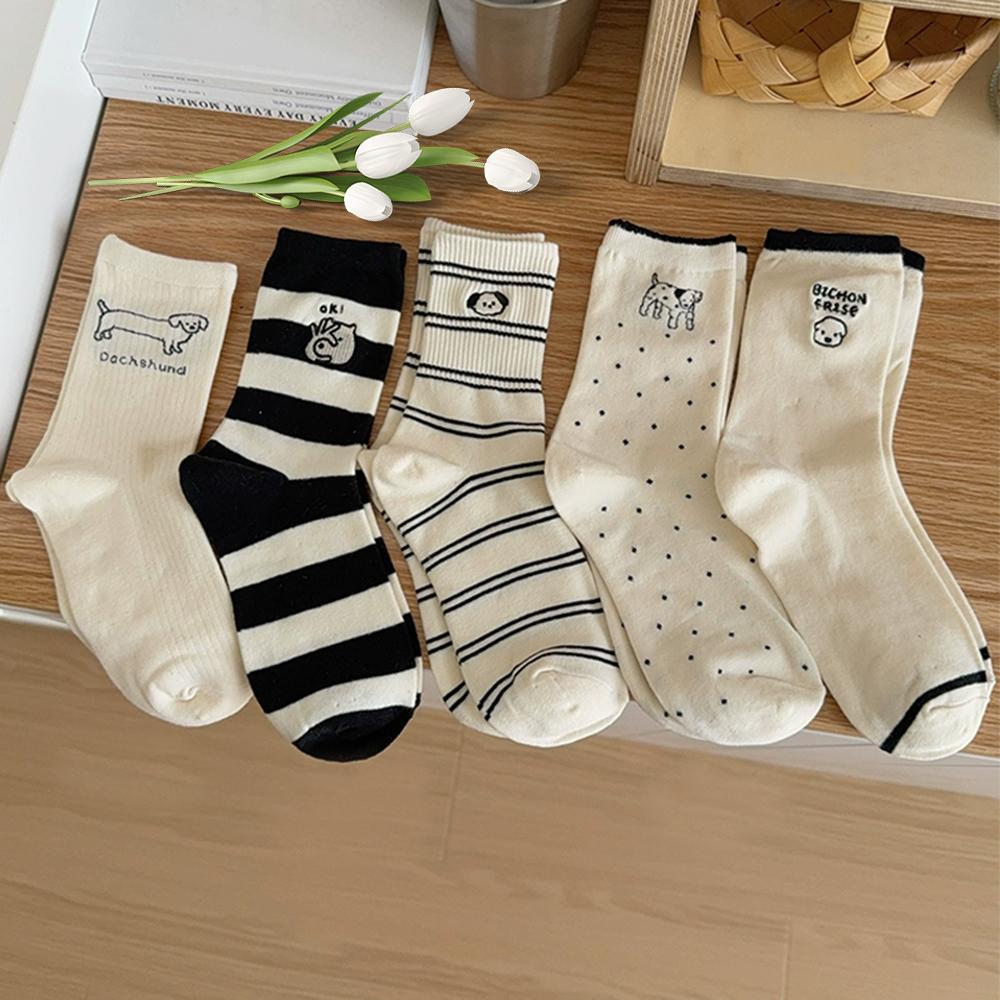 5 Pairs Women Cartoon Dog Pure Striped Mid Length Socks For Women Cute Sweet Academy Style Socks