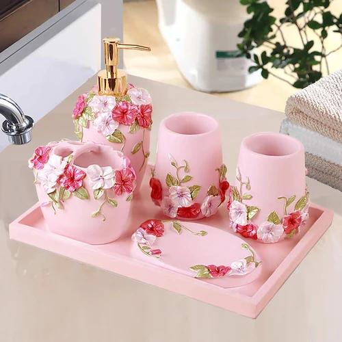 Resin Bathroom Set Toiletries Bathroom 5-piece Set with Rectangular Tray Lotion Bottle Toothbrush Holder Mouth Cup Soap Dish