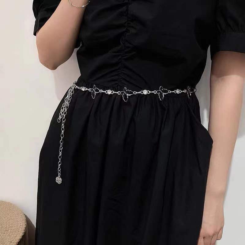 European and American Metal Bow, Flower Chain Belt, Waist Chain, Women's Summer Decorative Dress, Fine Chain Accessories, Ins