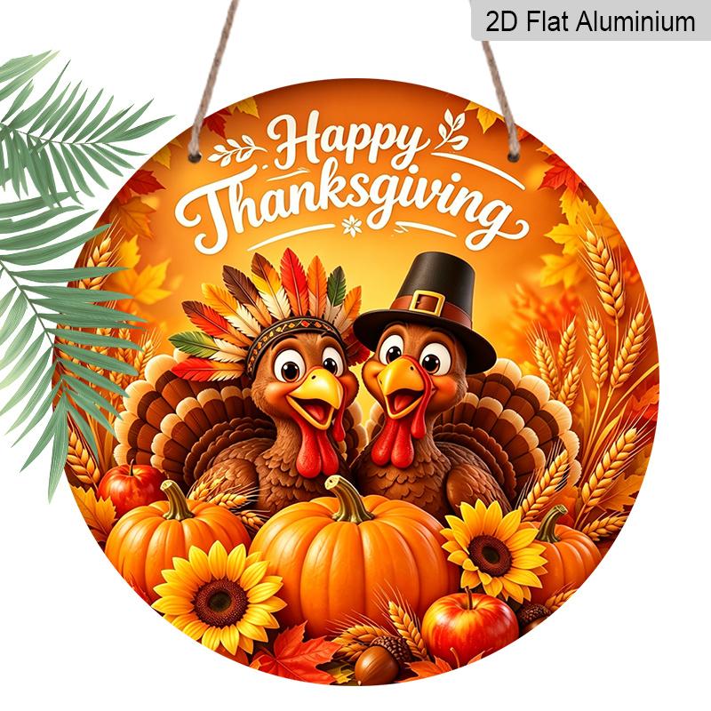2D Flat, 1pc Round Aluminum Hanging Sign, Happy Thanksgiving Cute Cartoon Turkeys Pumpkin Sunflower Maple Wheat Apple Metal Wall Decor, Warm Orange