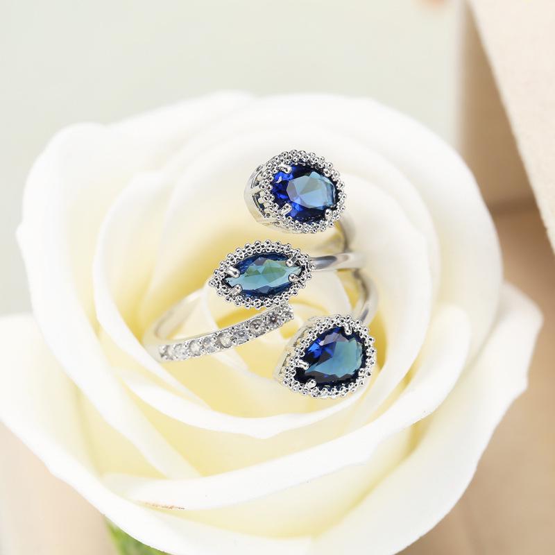 Teardrop Royal Blue Zircon Open Copper Ring for Women