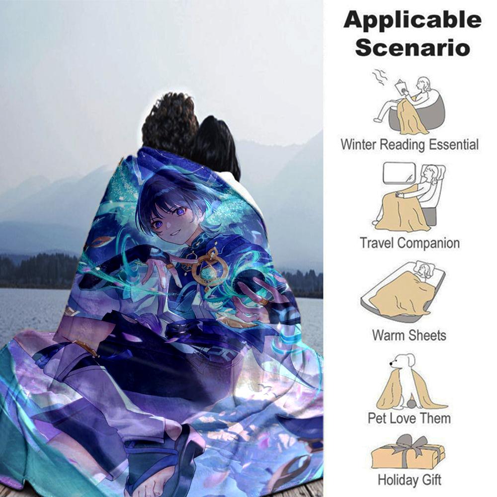 1Pc Genshin Impact Blanket Soft Comfortable Polyester Blanket Four Seasons All Season Blanket Bedroom Office Outdoor Use Anime Style Throw Christmas G