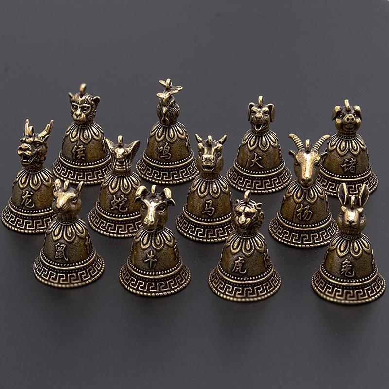 1pc Brass Chinese 12 Zodiac Animals Heads Bell Keychain Pendants Jewelry Vintage Copper Feng Shui Car Key Chain Hanging Keyring Gift