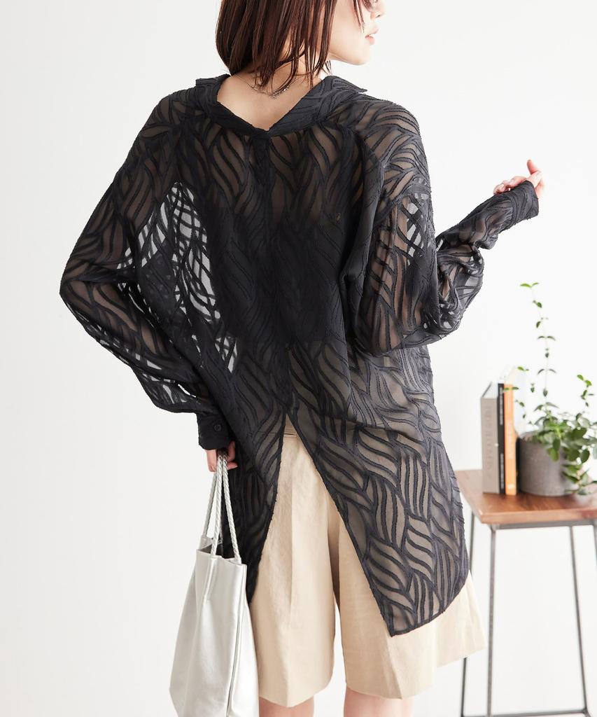 ROPE PICNIC Back Slit Jacquard Black Women's Shirt, (01)