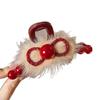 2025 New Year Red Plush Pearl Claw Clip - Stylish Women's Shark Hairpin Accessory for Buns and Hair Styling