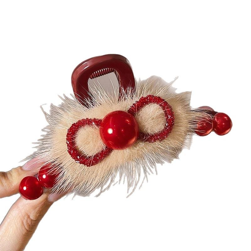 2025 New Year Red Plush Pearl Claw Clip - Stylish Women's Shark Hairpin Accessory for Buns and Hair Styling