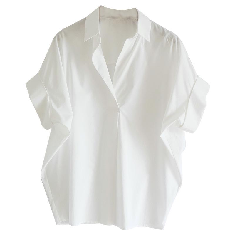 Stylish Women's Cotton White V-Neck Loose Bat Sleeve Shirt In Stock!