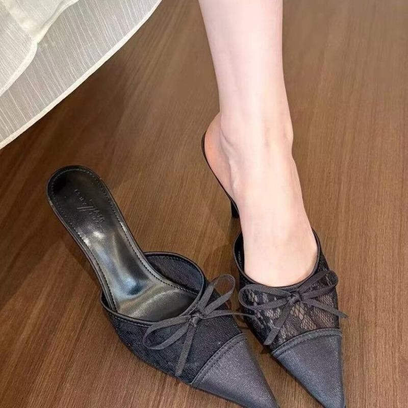 New Style Popular Mesh Embroidered Flowers Thin Heels Sandals Women Summer Sexy Slingback Pointed Toe Pumps Dress Shoes Sandals