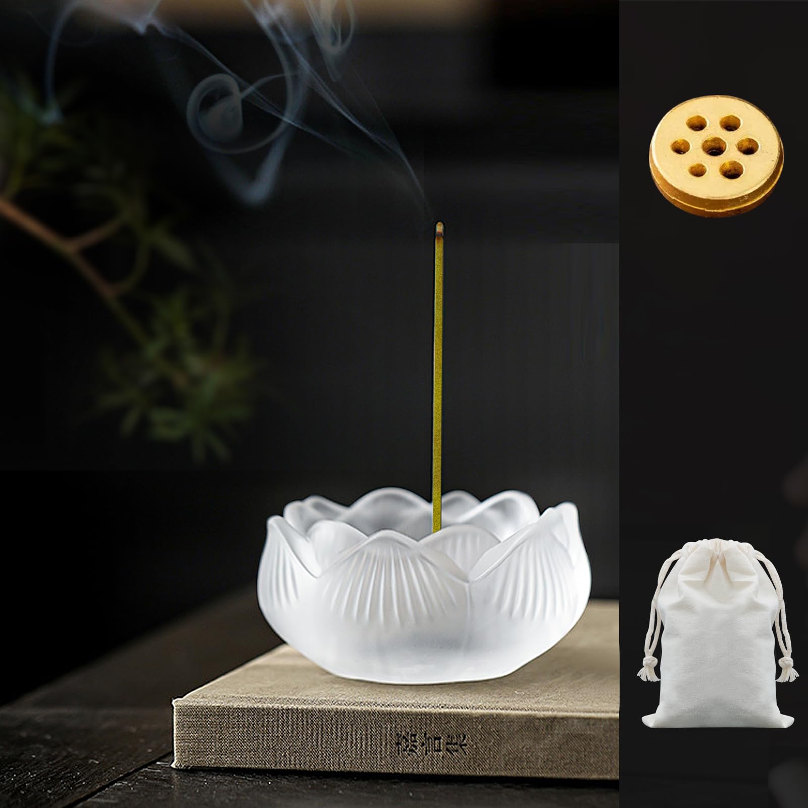 

This transparent, lapis lazuli incense holder features a lotus flower design and a seven-hole brass incense holder. This cute and stylish incense