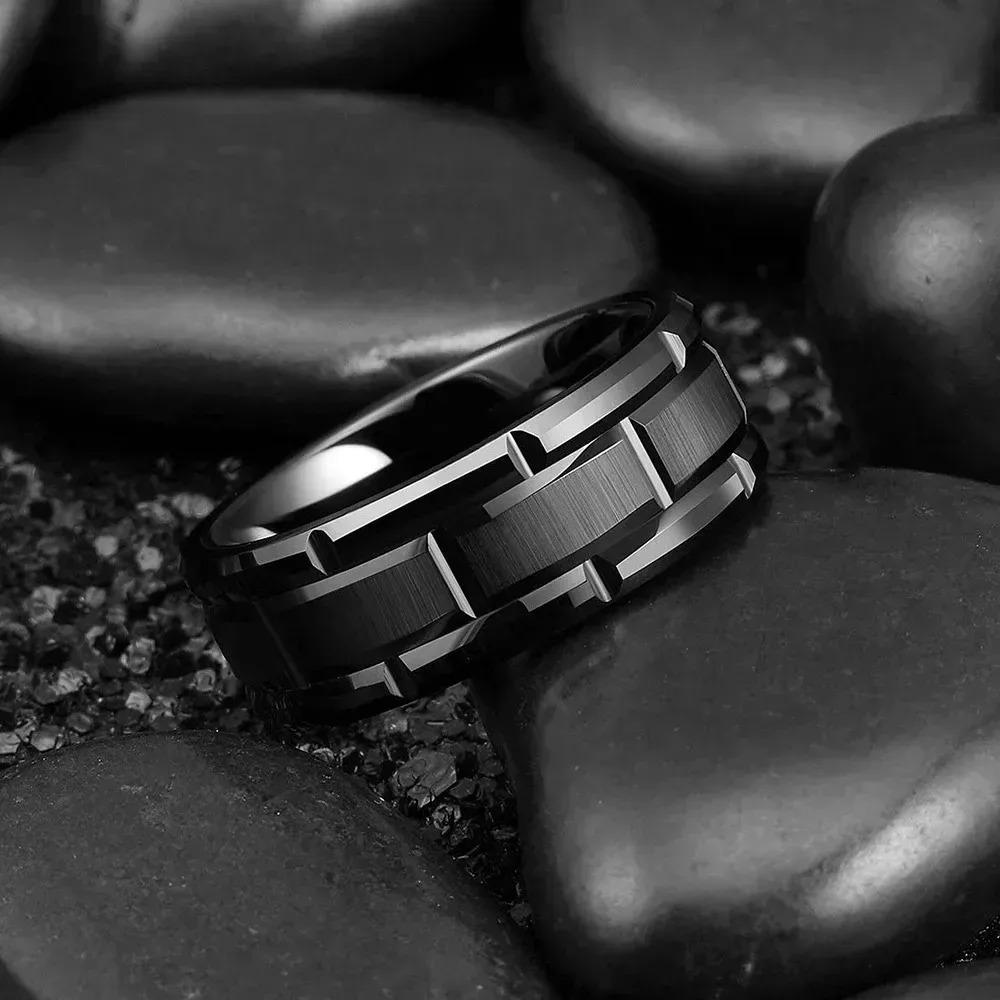Fashion 8mm Tungsten Wedding Rings For Men Black Brushed Brick Pattern Men Stainless Steel Rings Wedding Jewelry