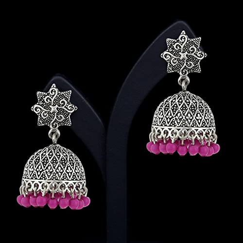 Estele Oxidised Silver Plated Metal Brass Jhumki With Pink Beads Drop Earrings for Girls and Women