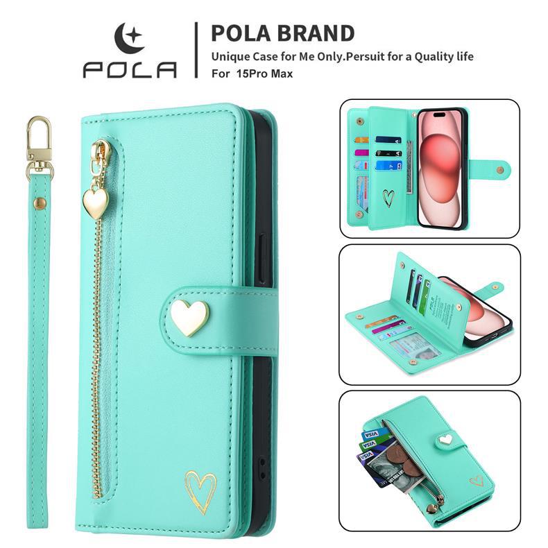 Applicable iPhone17ProMax Phone case with gold-embossed heart and zipper card slot17/16Flip cover with card slot15Wallet