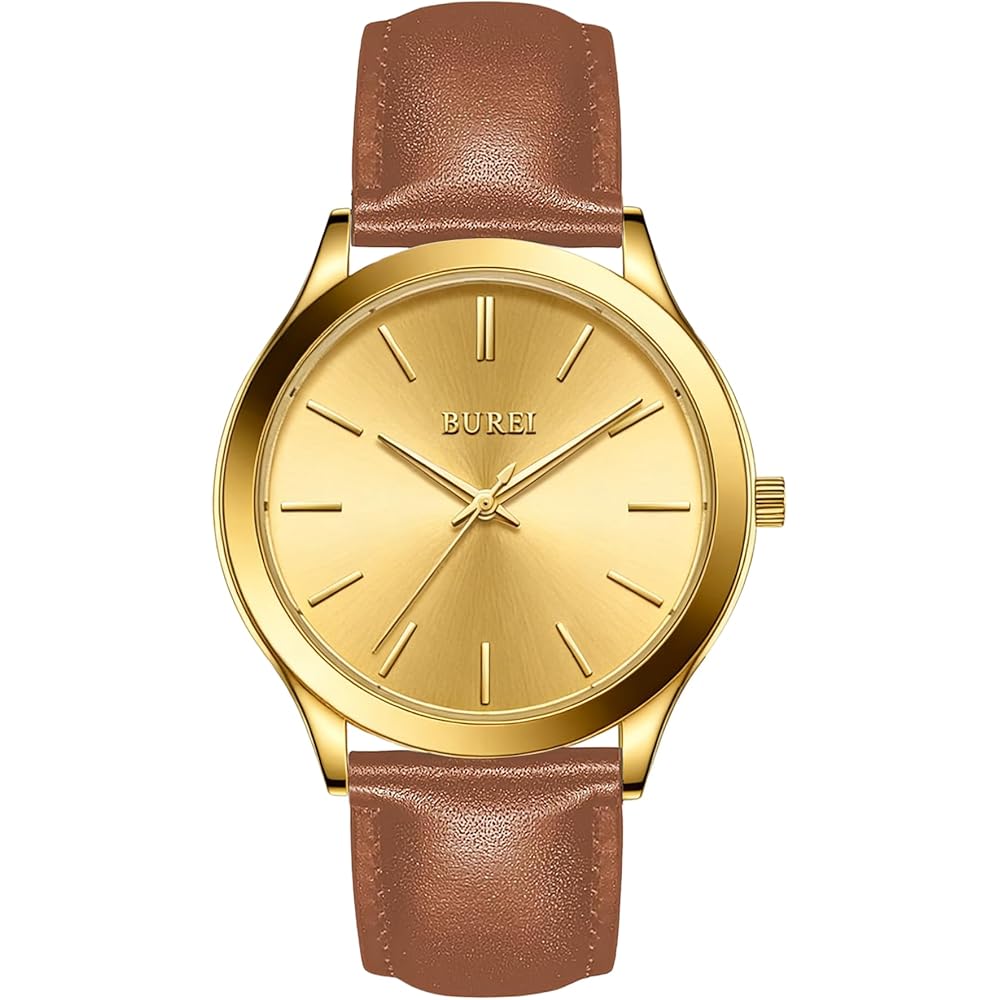 BUREI Men s Analog Quartz Watch Waterproof Slim Simple Stylish Leather Strap Gold Brown