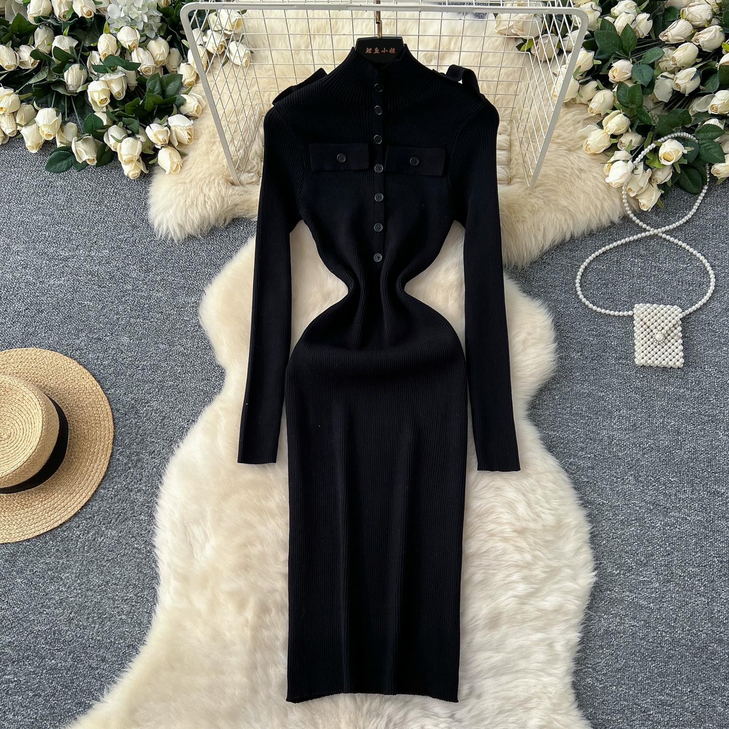 

Spring Autumn Women Elegant Stand Collar Knitted Sweater Office Work Long Midi Slim Sheath Dresses One size чёрный