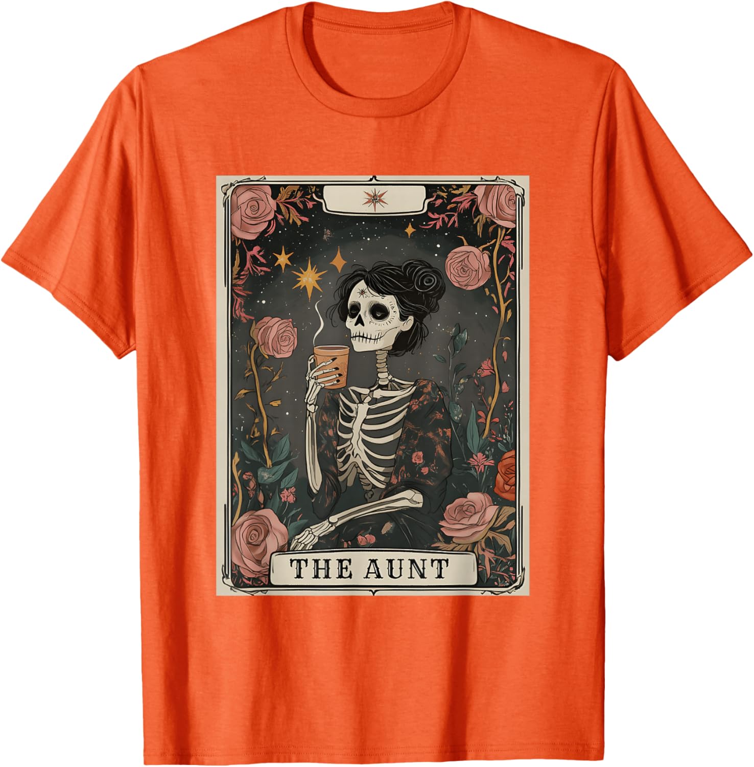 

The Aunt Skeleton Tarot Card Coffee Lover Graphic Tee Short Sleeve Casual Cotton T-Shirt for Women 4XL