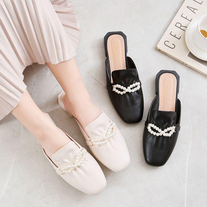 Baotou Pearl Women's Half Slippers - 2025 Spring & Autumn Korean Style Fashionable Net Red Lazy Shoes