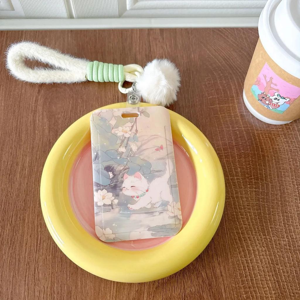 Kawaii koreansk kattunge Kpop-fotokortholder med snor Tre Hvit katt Landskapsfotokortdeksel Kreativt designkortbeskytter