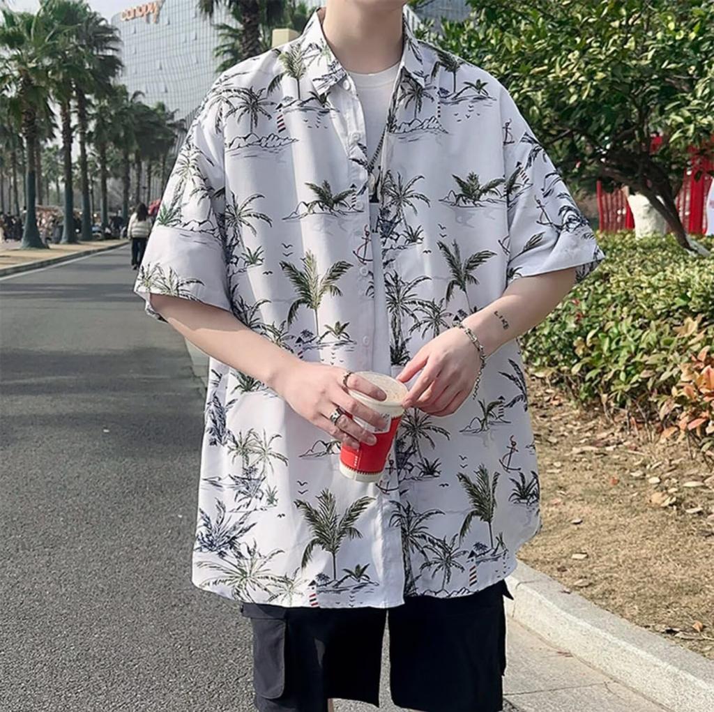 Tenflow Short Sleeve Aloha Plus Wood Casual Cool Loose Summer Men's Shirt, Size, Pattern, Shirt, Blouse, Fit, (2XL, Green)